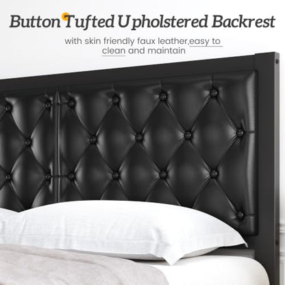 HISOFT Queen Bed Frame with Upholstered Button Tufted Headboard, Bed Frame Platform Metal Slats Support, Under Bed Storage, No Box Spring Needed, Noise-Free, Easy Assembly, Black