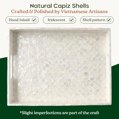 15.8" x 11.8" Capiz Shell Decorative Tray, Coastal Serving Tray | Natural Capiz Shell Inlaid, Fish-Scale Pattern, White Tray. Handmade Rectangular Serving Tray With Handles For Coffee Table