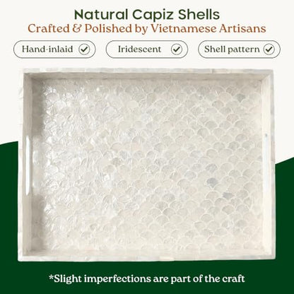 15.8" x 11.8" Capiz Shell Decorative Tray, Coastal Serving Tray | Natural Capiz Shell Inlaid, Fish-Scale Pattern, White Tray. Handmade Rectangular Serving Tray With Handles For Coffee Table