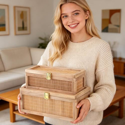 Natural Bamboo Decorative Box with Lids, Unique Decorative Boxes Set of 2, Boho Wedding Keepsake Box, Memory Box with Lid for Crafts, trinkets and Photo Storage