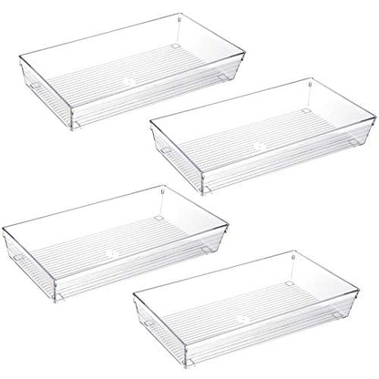 4 Pack 12"x 6" Large Size Clear Plastic Desk Drawer Organizer Tray Bathroom Office Kitchen Utensils Silverware Gadgets Dividers Desk Drawer Storage Bins Container for Dresser Cosmetic Makeup