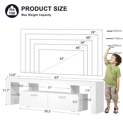 Clikuutory Modern Lighting 63 inch TV Stand with Large Storage Drawer for 50 55 60 65 70 75 Inch TVs, TV Console with 20 Color LED Lights, Entertainment Center Media and Open Shelf for Bedroom, White