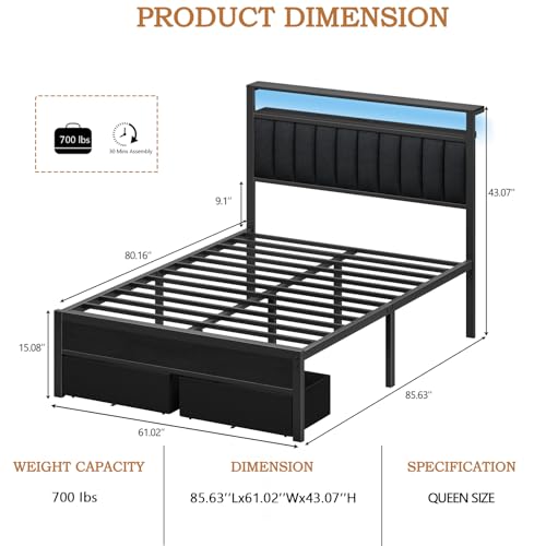 Queen Bed Frame with Storage Drawers and Upholstered Headboard
