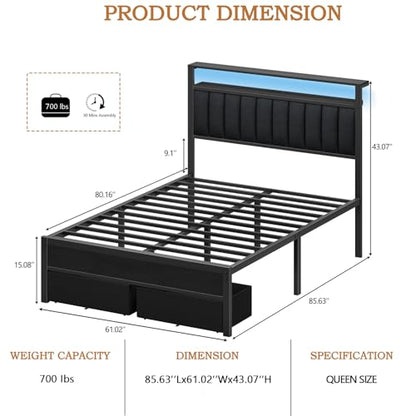 Queen Bed Frame with Storage Drawers and Upholstered Headboard
