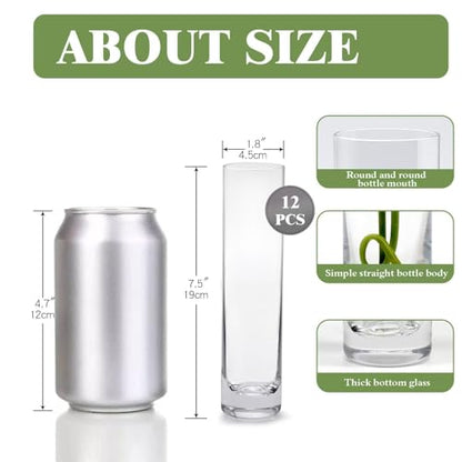 Glass Cylinder Bud Vases for Centerpieces, Set of 12 Clear Small vases,Handmade Slim Flower Vases Wedding Table Decor for Single Rose vases Bulk, Home Aesthetic Desk Decor, Party Decorations,7.5"