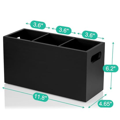 ALELION Black Kitchen Utensil Holder for Countertop - Wooden Large Utensil Caddy Organizer for Counter - 3 Compartment Cooking Utensil Crock for Silverware Spoon Spatula