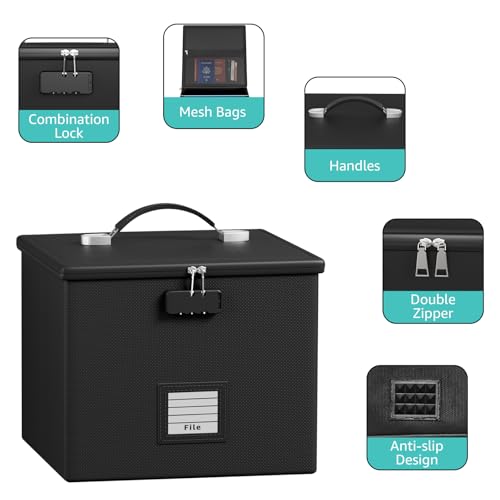 Fire Proof File Box for Documents - Portable Fireproof Document Organizer Box with Handle Waterproof Safe Locking Folder Storage with Lid