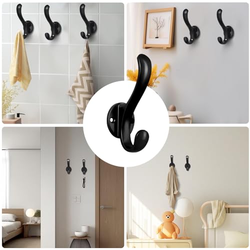 6 Pack Coat Hooks Wall Mount Heavy Duty Utility Retro Double Hooks for Hanging Coats,Hat, Towel, Key, Robe, Scarf, Bag, Cap (Black)