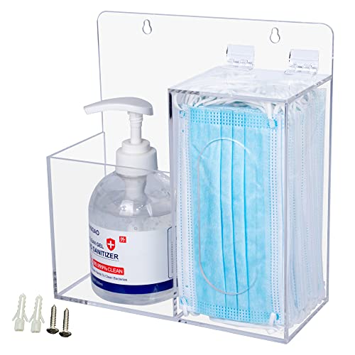 Mask Dispenser and Hand Sanitizer Acrylic Mask Storage Box Holder Stand Wall Mount or Countertop，Hygiene Station with 2 Compartment Clear Box for Home，Office，Car