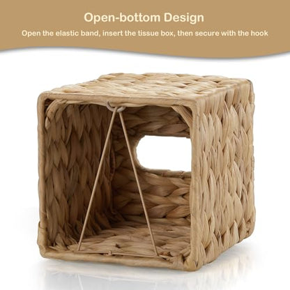 Tissue Box Cover Square, Water Hyacinth Hand-Woven Tissues Cube Box Holder, Woven Facial Tissue Holder for Bathroom Counter, Vanity, Bedroom, Office, Natural Boho Decorative