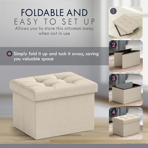 Ornavo Home Small Rectangle Storage Ottoman, Linen, 12x16x12, Beige | Collapsible Cube Design; Foot Rest Stool Seat; Ideal for Living Room, Bedroom, Home Office or Dorm
