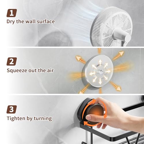 KEGII Suction Cup Shower Caddy with Hooks, No Drill Bathroom Organizer | Large Capacity Stainless Steel Shelf, Heavy Duty Hold for Shampoo and Body Wash on Smooth Surfaces, Black