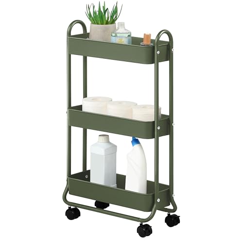 Slim Rolling Storage Cart, 3 Tier Bathroom Storage... (Army | Metal)