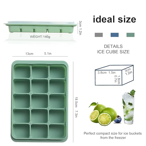 Ice Cube Trays Set of 3, Easy Release 15 Flexible Silicone Ice Cube Molds with Removable Lid Reusable Freezer Ice Trays Stackable for Whiskey, Baby Food, Green