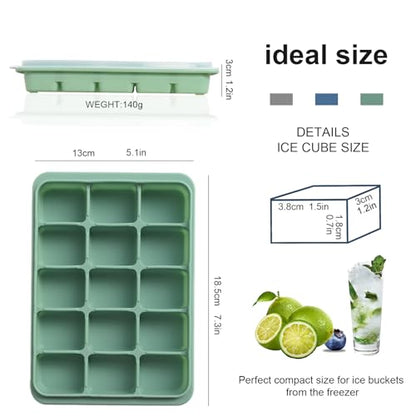 Ice Cube Trays Set of 3, Easy Release 15 Flexible Silicone Ice Cube Molds with Removable Lid Reusable Freezer Ice Trays Stackable for Whiskey, Baby Food, Green