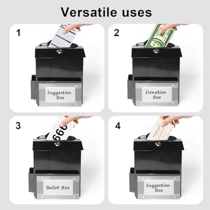 Metal Suggestion Box with Magnetic Sign Holder, Black Donation Box | 2 Extra Side Spaces, Wider 3.9in Slot for Convenient Drop, Secure Lock with 2 Keys, Wall Mounted or Tabletop, Diversified Use