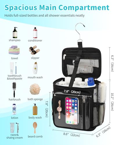 Hanging Shower Caddy Portable Bag - Quick Dry Shower Tote for Dorm College Essentials, Water-Resistant Travel Toiletry Bag with Separate Compartment & Multiple Pockets (Black, M)