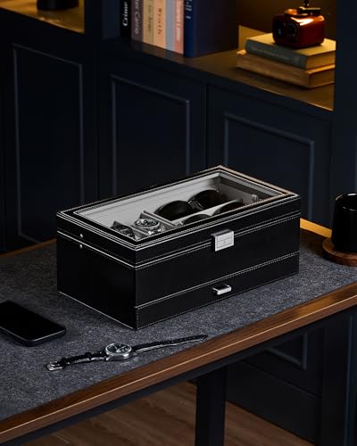 ProCase Mens Jewelry Box, 6 Slot Watch Box & 3 Slot Sunglass Holder -Black | 2-layer Lockable Sunglasses Jewelry Organizer Storage for Men, Watch Display Case with Drawer, Clear Lid, Father Gift