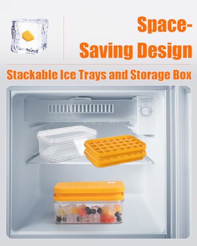 Brigii Ice Cube Tray with Lid & Storage Bin, 56 Cubes Ice Trays for Freezer | Silicone bottom easy release, press-to-pop, 2 trays 56 cubes, storage bin and scoop, BPA-free, stackable, for whiskey
