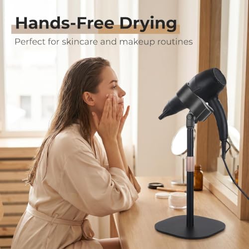 Hair Dryer Stand Holder Hands Free for Vanity Desk Blow Dryer Holder, Height Adjustable, 360° Rotating, Stable Base, Fits Most Hair Dryer, Countertop