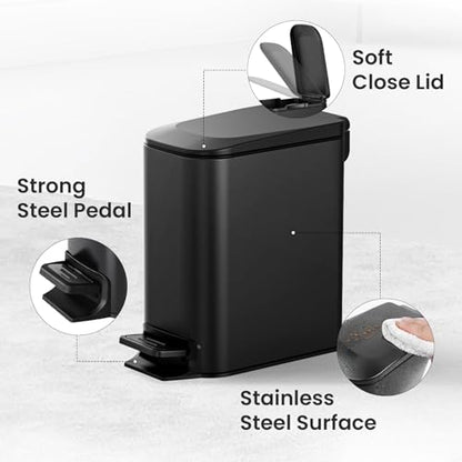 Cesun Small Bathroom Trash Can with Lid, 1.6 Gal, Soft Close, Matte Black | Step pedal soft close, Slim 5.9in fits narrow spaces, Stainless steel, Anti-fingerprint, Removable inner bucket, Odor seal