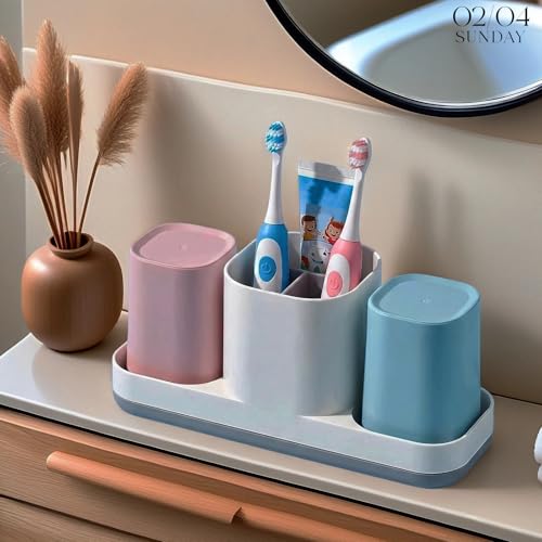 Toothbrush Holder for Bathroom, Kids Toothbrush Holder with Cups, Electric Toothbrush Holder for Bathroom Decor, Kids Bathroom Accessories Set with Toothpaste Holder, Pink & Blue