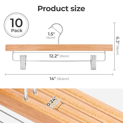 HOUSE DAY Wooden Pants Hangers with Clips, 10 Pack Skirt Hangers, Natural | 14-Inch Wood Hangers with Adjustable Non-Slip Metal Clips & 360° Swivel Hooks, Heavy Duty for Jeans, Slacks, Trousers, Shorts