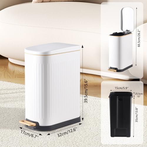 SYNCVIBE Slim Bathroom Trash Can with Soft Close Lid, 3.5 Gal, Matt White | Stainless Steel Garbage Can with Step Pedal, Removable Inner Bucket, Trash Bin for Bedroom, Office, Toilet