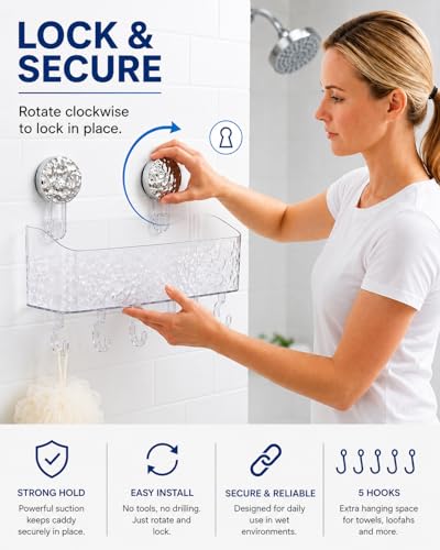 HOME&I Suction Cup Shower Caddy with Twist-to-Lock Mount, Drill-Free Bathroom Organizer for Toothbrush, Toothpaste & Razor, Self-Draining Storage Rack with 5 Hooks