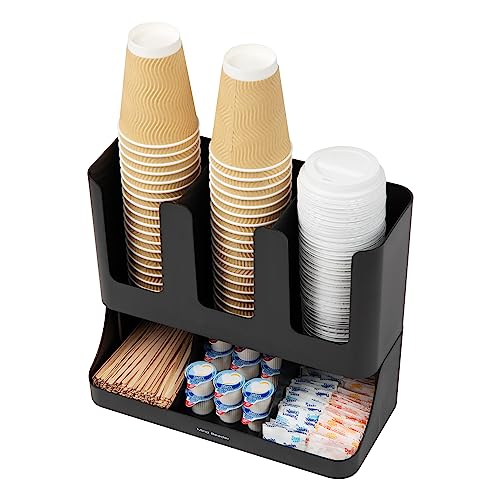Mind Reader Condiment Station, 13 Inch Countertop Coffee Bar Organizer with 6 Compartments, Storage Caddy for Cups, Lids and Packets, Plastic, Black