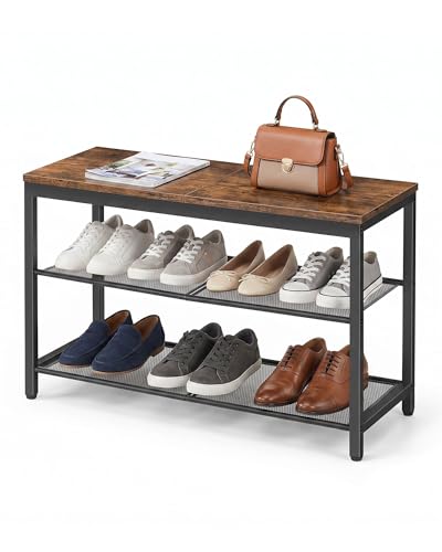 HOOBRO Shoe Bench, 3-Tier Shoe Rack, Industrial Shoe Organizer Storage Bench, 29.5 inches Entry Bench with Mesh Shelves, for Entryway, Living Room, Hallway, Easy Assembly, Rustic Brown BF75HX01