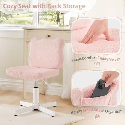 LUE BONA Cute Bear Ear Vanity Chair for Teen Girls - Height Adjustable 13.8"-18.9" Swivel Stool with Back Support, Teddy Velvet Makeup Ottoman, 300lbs, Light Pink