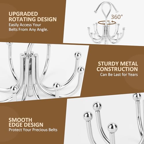 2 Pack Belt Hanger, Belt Organizer for Closet 360° Rotatable | Heavy-Duty Metal Belt Holder with 16 Hooks, Holds Up to 48 Belts, Hanging Belt Storage Rack for Closet, Space Saving