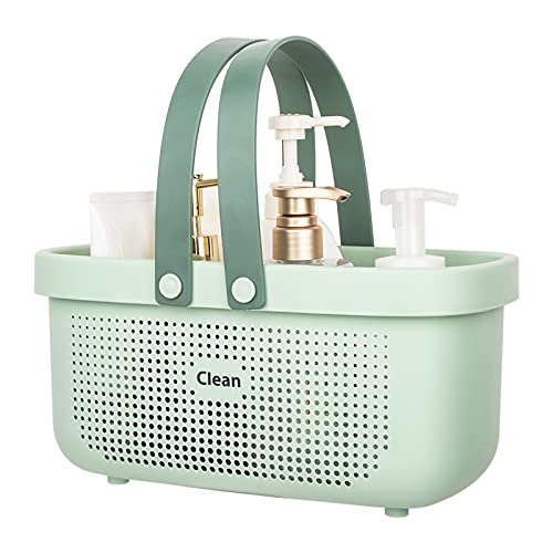 Plastic Storage Basket with Handle Portable Shower Caddy Tote Organizer Basket Bin for Bathroom Kitchen Dorm Room Bedroom, Green | Sturdy Drainage Large Capacity Organizer Basket with Silicone Handles for Bathroom Kitchen Bedroom College Dorm Essentials