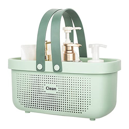 Plastic Storage Basket with Handle Portable Shower Caddy Tote Organizer Basket Bin for Bathroom Kitchen Dorm Room Bedroom, Green | Sturdy Drainage Large Capacity Organizer Basket with Silicone Handles for Bathroom Kitchen Bedroom College Dorm Essentials