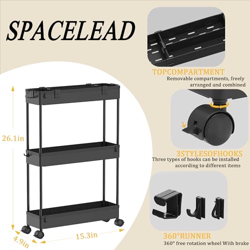 Slim Storage Cart 3 Tier,Bathroom Organizer Rolling Utility,Mobile Shelving Unit Slide Out for Office, Kitchen, Laundry Room & Narrow Places,Black