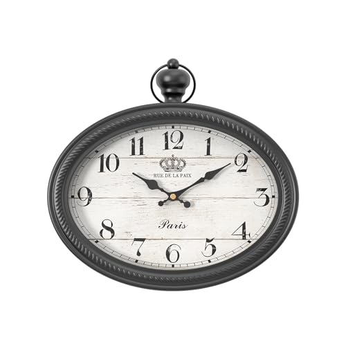 Retro Oval Wall Clock. Black Vintage Antique Style | Battery Operated Decor Wall Clocks for Farmhouse, Living Room,Kitchen,Bedroom,Bathroom (10.5" H x 11.3" W)