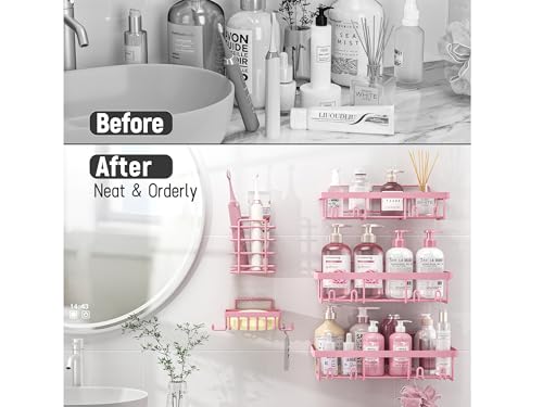 5 Pack Shower Caddy for Inside Shower, Pink Bathroom Decor Set | Large Rustproof Stainless Steel Organizer with Strong Adhesive, No Drilling Wall Shelves, Cute Girly Bathroom Accessories