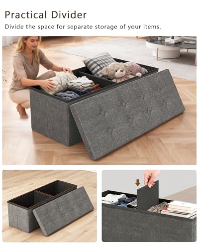 43 Inches Folding Storage Ottoman Bench, Storage Chest, Grey | Ottoman Foot Rest, End of Bed Bench, Load 660 lb, Storage Box for Living Room, Bedroom, Entryway