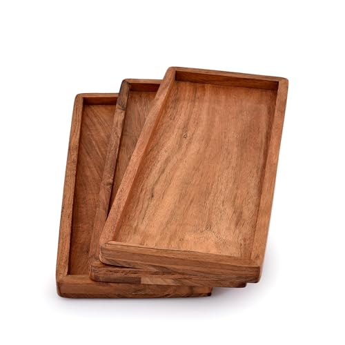 Acacia Wood Rectangular Wooden Platters for Home Decor, Food, Vegetables, Fruit, Charcuterie, Appetizer Serving Tray (13" x 5.5" x 0.75") (Set of 3)