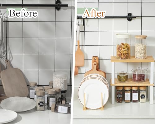 Marsui 4 Pcs Kitchen Organizer Accessories Set for Cabinet,Wooden Color | Cabinet Organizer Shelves, Bamboo Dish Drying Plate Rack, Wooden Counter Storage Holder, for Spice Dish Pot Lid Bowl Cup