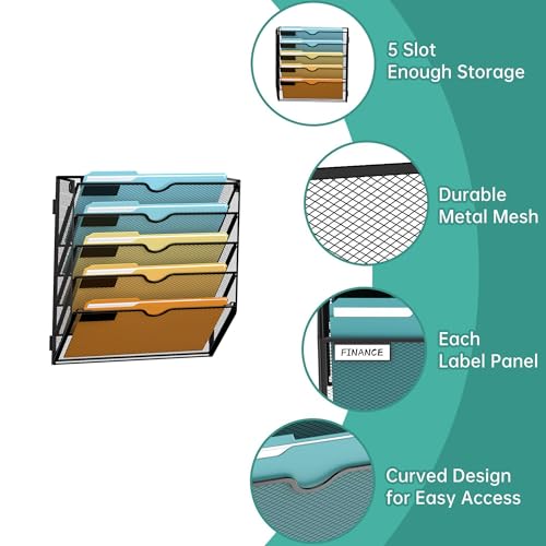 5 Tier Wall File Organizer, Hanging Wall Mounted Mail Organizer with Label Slots, Metal Mesh File Holder Magazine Rack for Office, Home, School or Classroom, Black