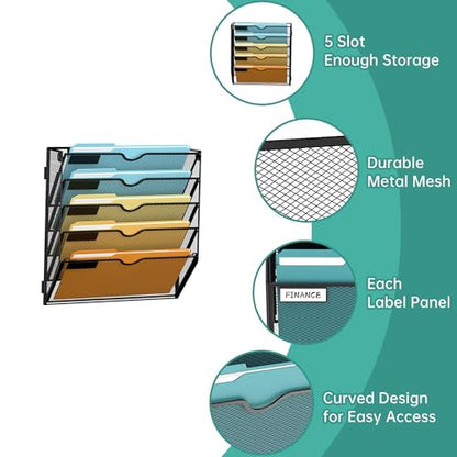 5 Tier Wall File Organizer, Hanging Wall Mounted Mail Organizer with Label Slots, Metal Mesh File Holder Magazine Rack for Office, Home, School or Classroom, Black