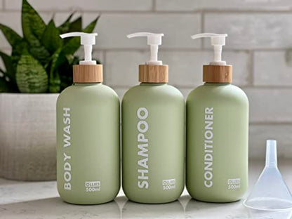 OLLIES Shampoo and Conditioner Dispenser, Shower Soap Dispenser for Bathroom, Set of 3 with Permanent Stylish Label, 17oz, 500ml Refillable Shampoo and Conditioner Bottles Green