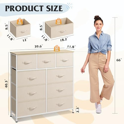 WLIVE Tall Dresser for Bedroom, 9 Drawer Chest of Drawers, Cream White