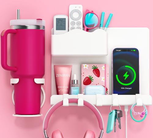 Bedside Wall Shelf for Teen Girls Dorm Room Essentials Bunk Bed Stuff | No Drill Floating Shelves with Cup Holder, Aesthetic Cute Girls Room Decor Aesthetic Stick Bedroom Accessories Organizer