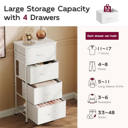 WLIVE Small Dresser Nightstand for Bedroom, 4 Drawers, White | 4 vertical fabric drawers, Space-saving tower, Bedroom or closet use, Chest of drawers, Dresser for small spaces
