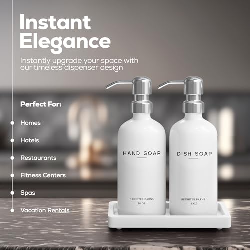 White Glass Hand and Dish Soap Dispenser Set by Brighter Barns - Kitchen Soap Dispenser Set with Tray & Pump for Office, Hotel, Vacation Rental, Airbnb - Modern Kitchen Decor & Accessories (White)
