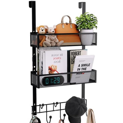 Consumest Over The Door Hooks Organizer - 3 Tier Door Hanger with 9 Coat Hooks & 2 Mesh Basket, Back Storage Organizer Hanging Towels for Bathroom, Bedroom, Black