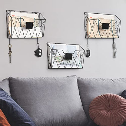 YBING Wall File Organizer, Hanging File Holder & Basket Set of 3, Black | Hanging File Rack with Hooks, Mail Organizer, Metal Wall Storage for Office Living Room School Classroom Home